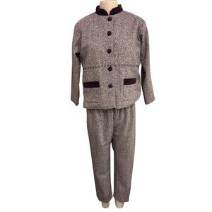 Vintage Suit Two-Piece Tweed Set With Corduroy Trim Button Closure Elastic Waist